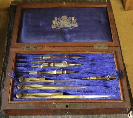 Victorian cased set of drawing instruments, rulers etc